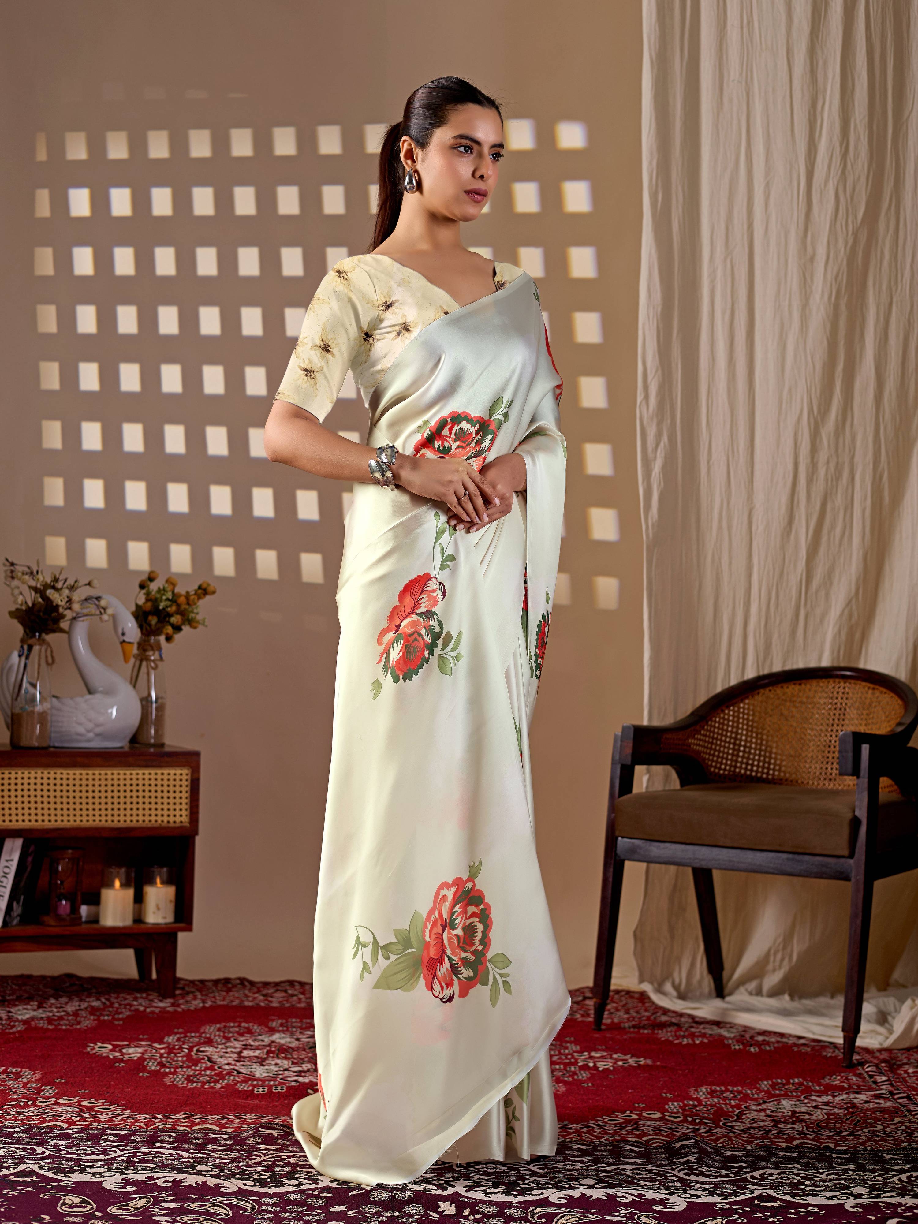 Aastha Fashion Cream Soft Satin Georgette Printed Saree | Grocsy