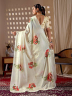 Aastha Fashion Cream Soft Satin Georgette Printed Saree | Grocsy