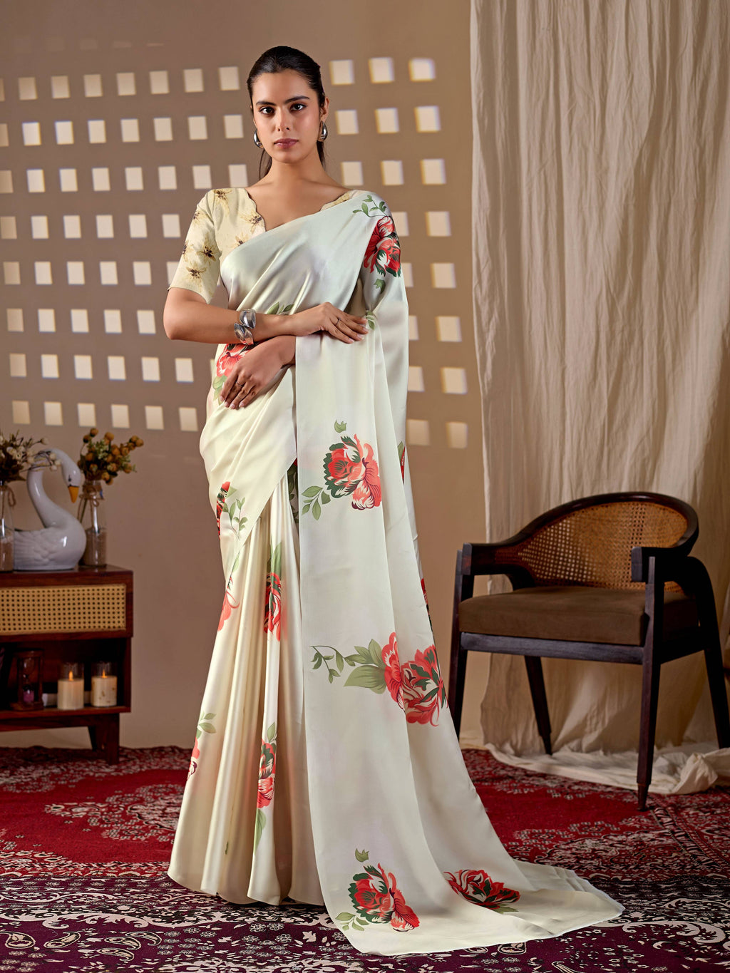 Aastha Fashion Cream Soft Satin Georgette Printed Saree | Grocsy