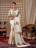 Aastha Fashion Cream Soft Satin Georgette Printed Saree | Grocsy