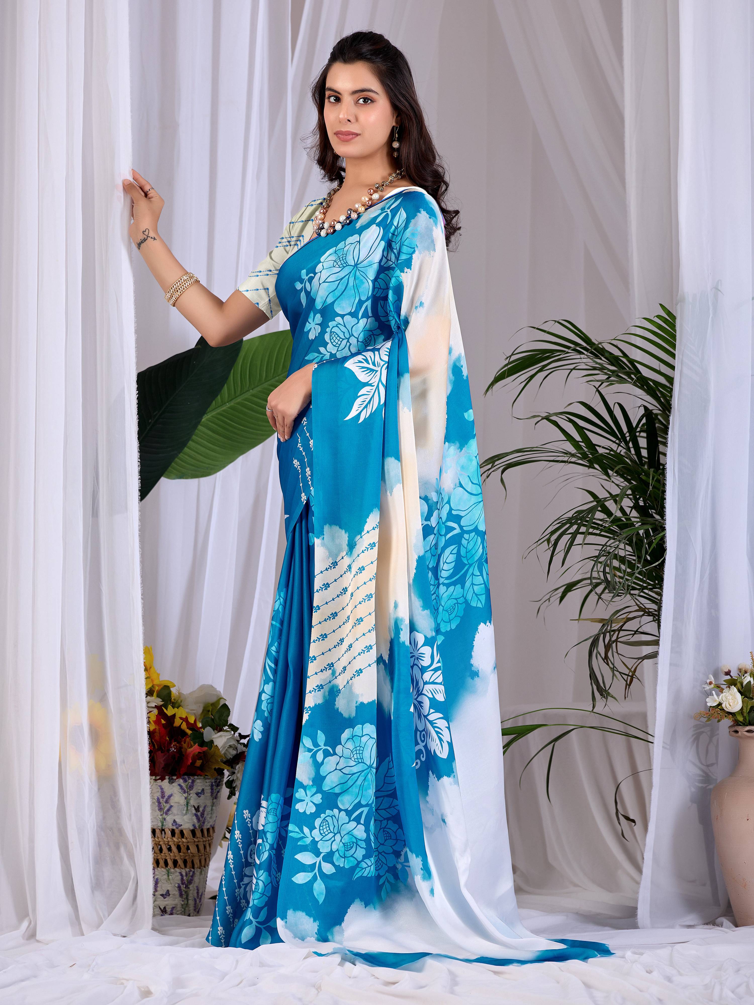 Aastha Fashion Teal Blue Soft Satin Georgette Printed Saree | Grocsy