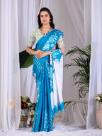 Aastha Fashion Teal Blue Soft Satin Georgette Printed Saree | Grocsy