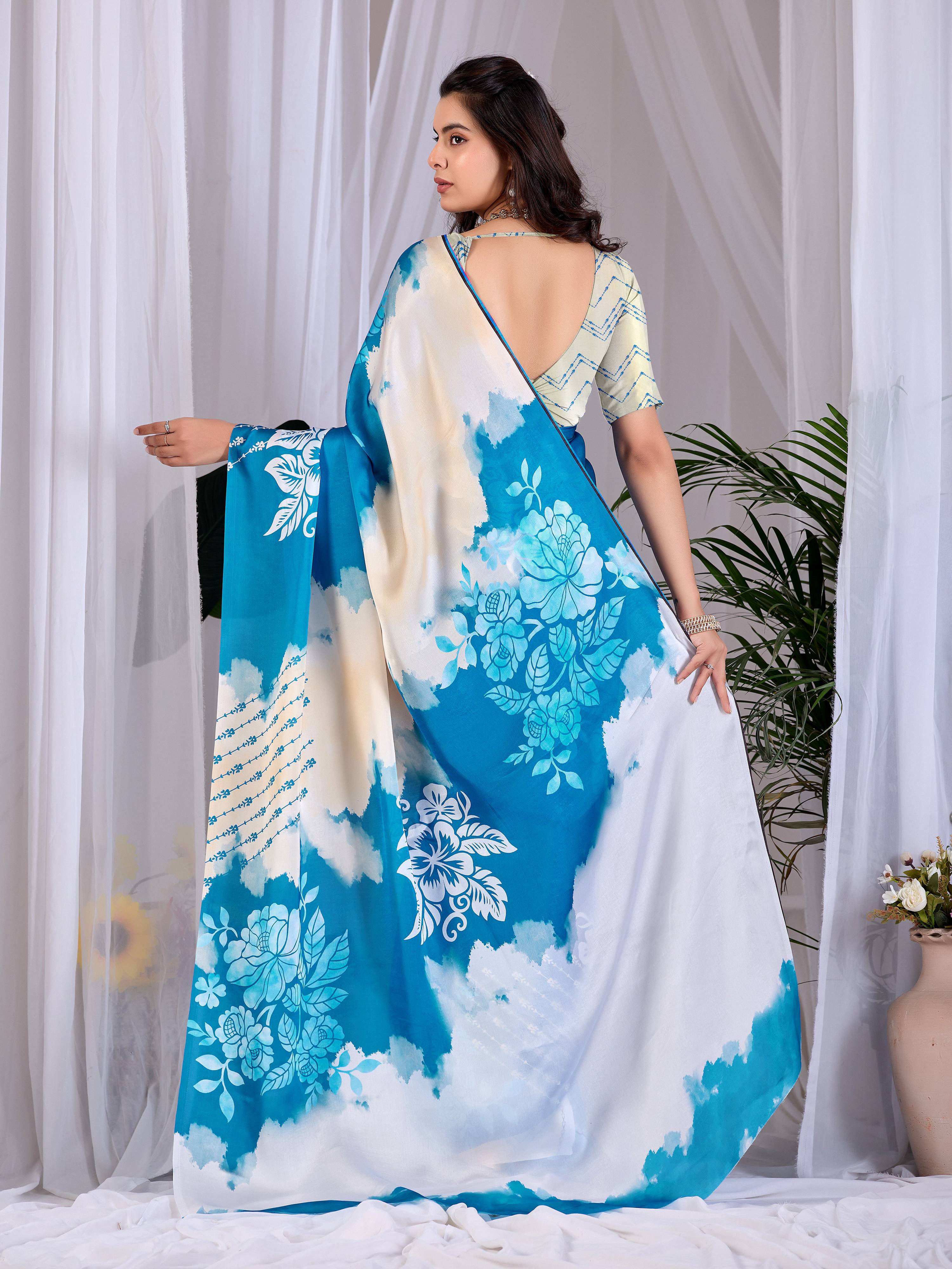 Aastha Fashion Teal Blue Soft Satin Georgette Printed Saree | Grocsy