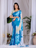 Aastha Fashion Teal Blue Soft Satin Georgette Printed Saree | Grocsy