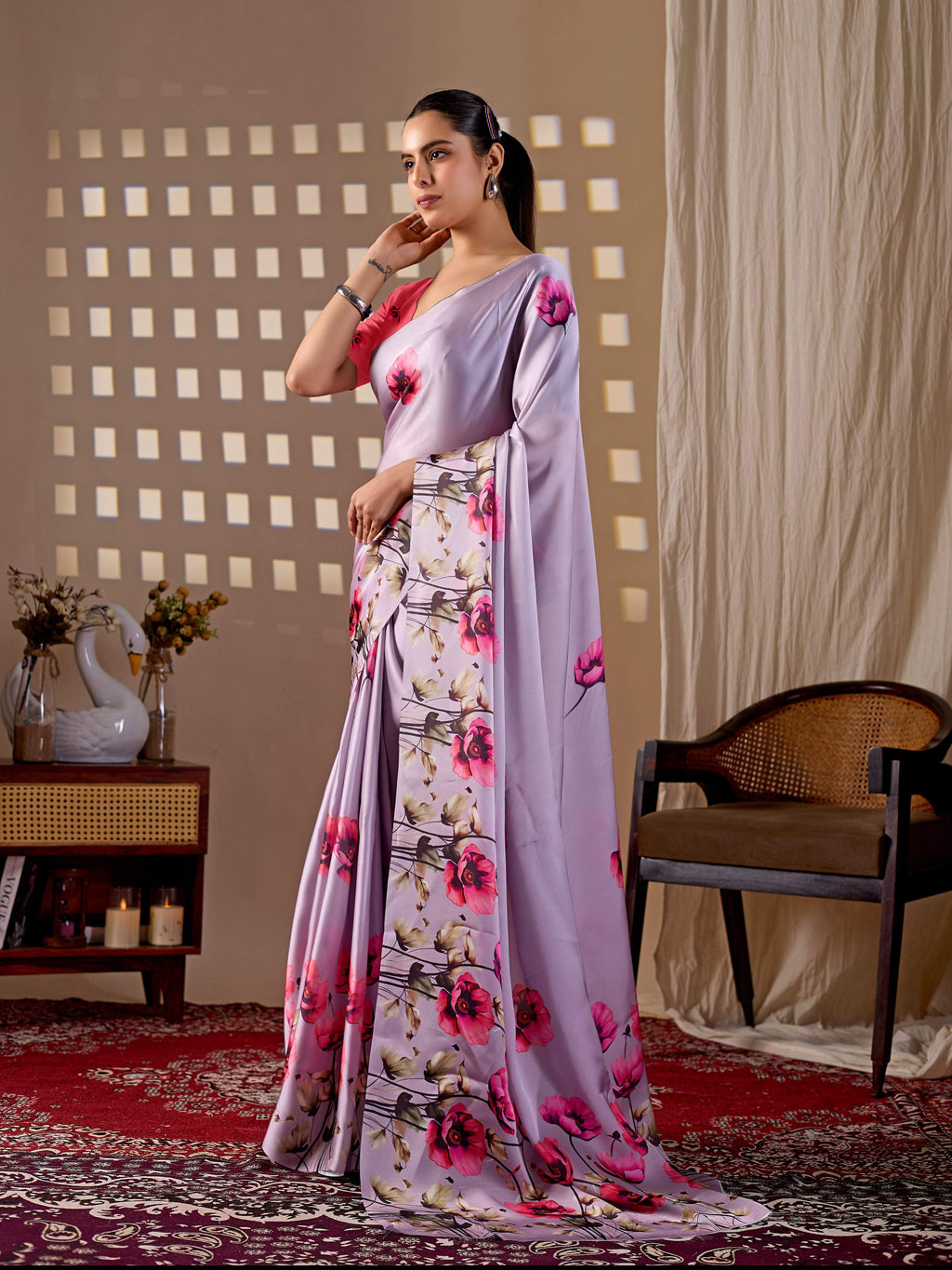 Aastha Fashion Lavender Soft Satin Georgette Printed Saree | Grocsy