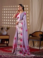 Aastha Fashion Lavender Soft Satin Georgette Printed Saree | Grocsy