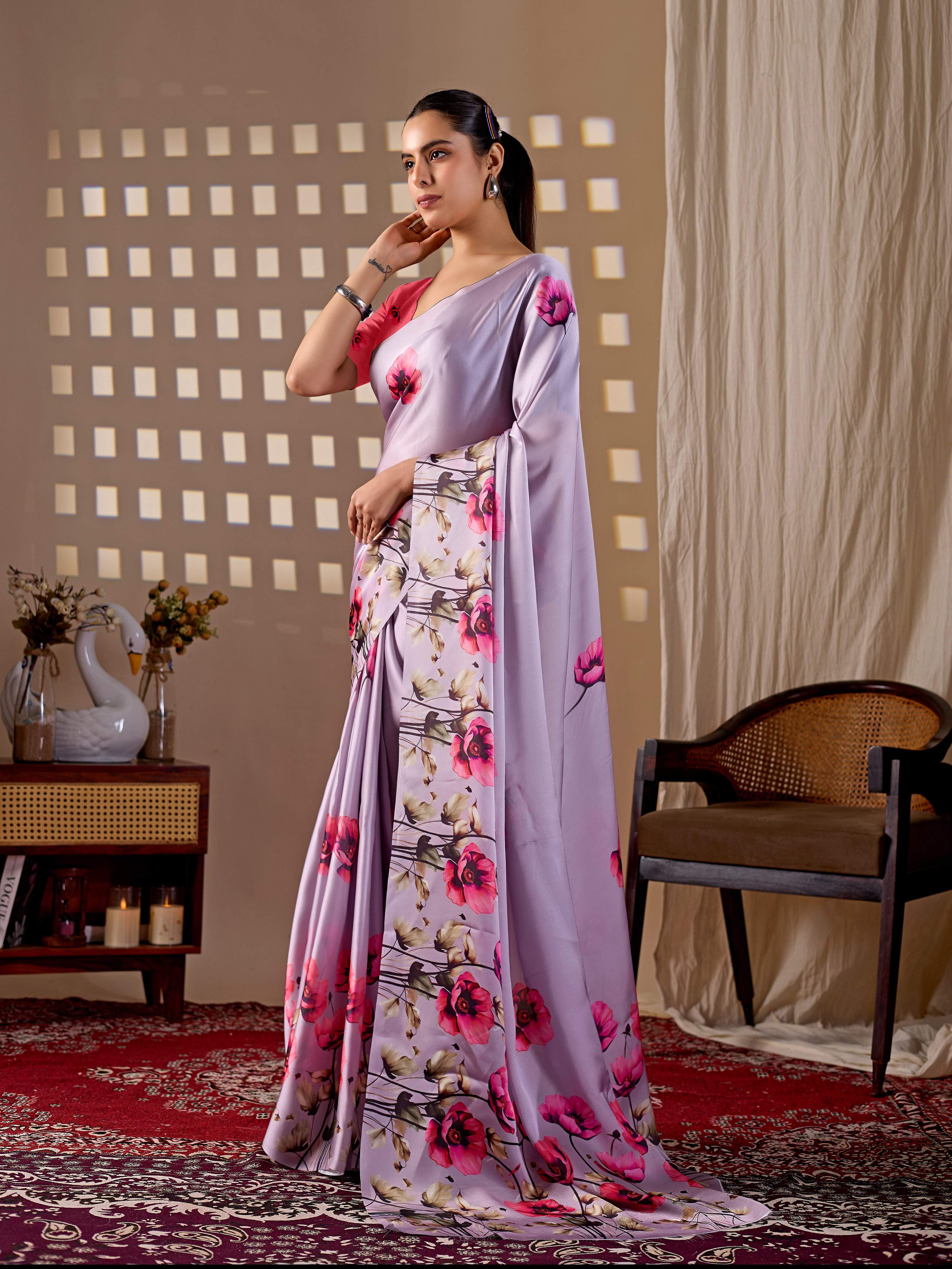 Aastha Fashion Lavender Soft Satin Georgette Printed Saree | Grocsy