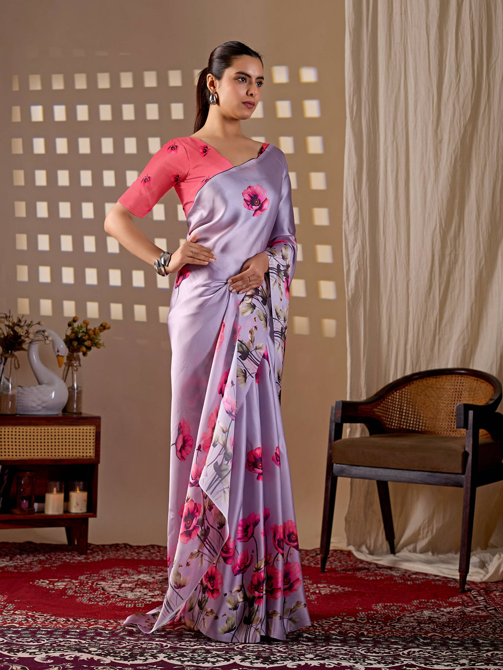 Aastha Fashion Lavender Soft Satin Georgette Printed Saree | Grocsy