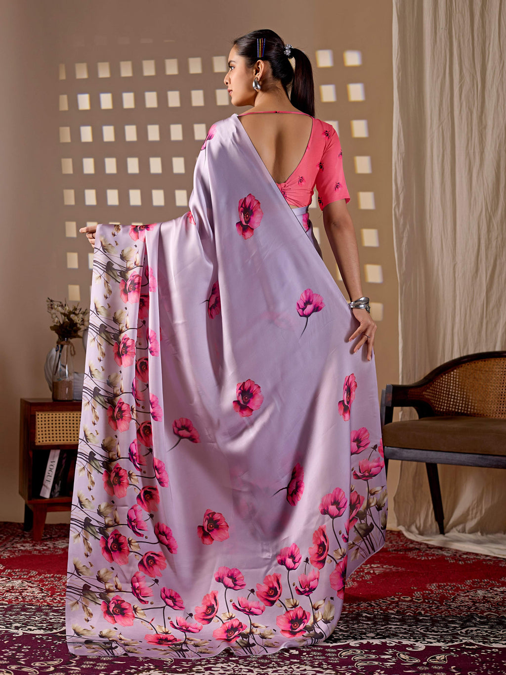 Aastha Fashion Lavender Soft Satin Georgette Printed Saree | Grocsy