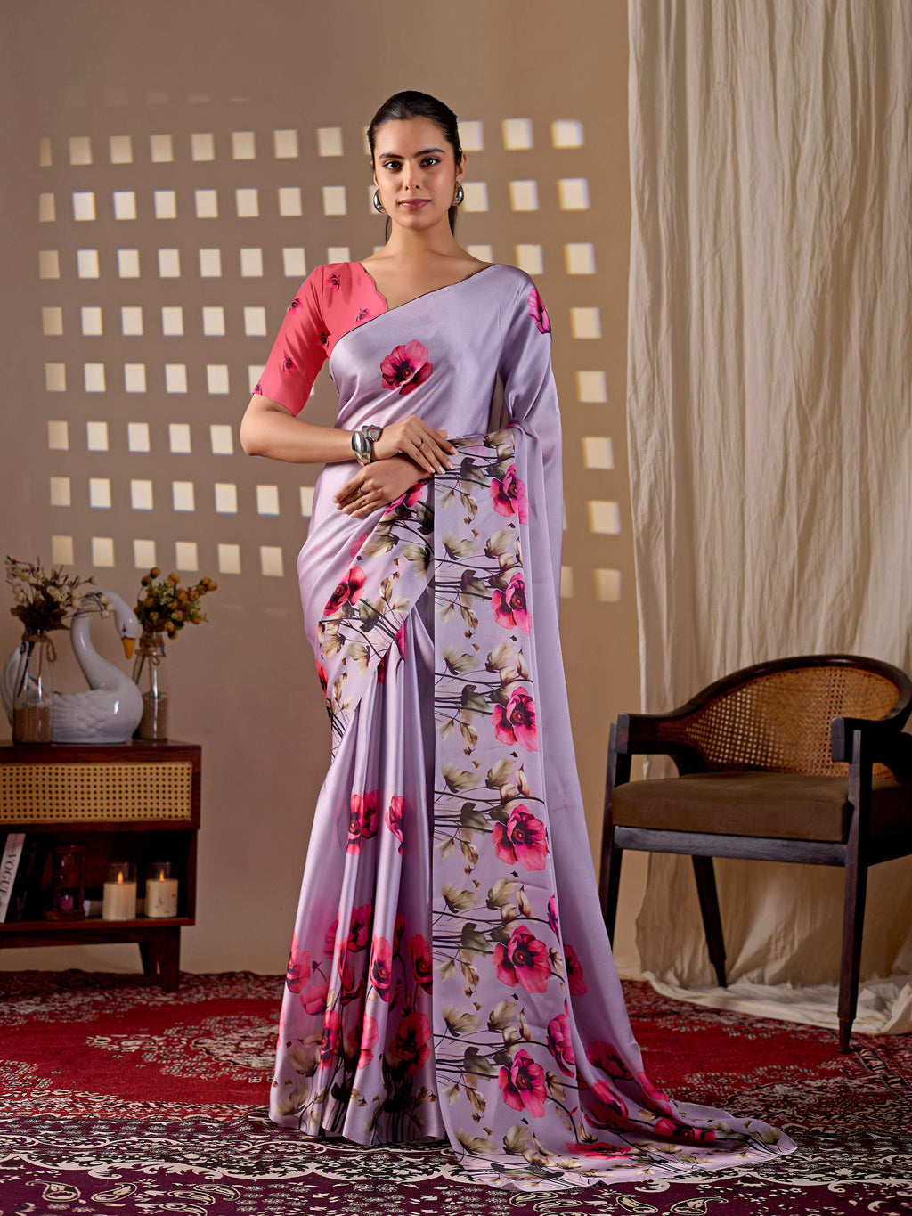 Aastha Fashion Lavender Soft Satin Georgette Printed Saree | Grocsy