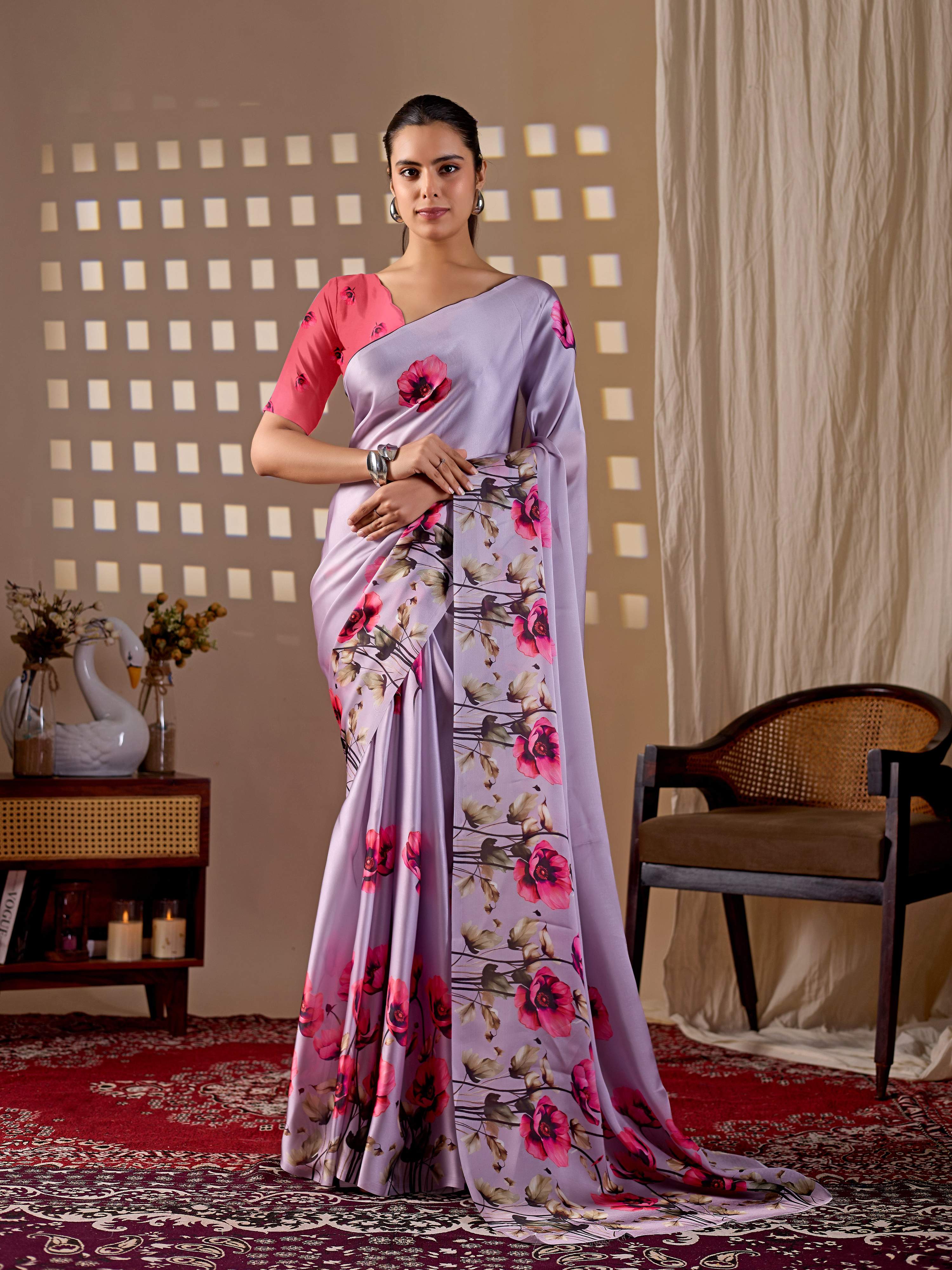 Aastha Fashion Lavender Soft Satin Georgette Printed Saree | Grocsy