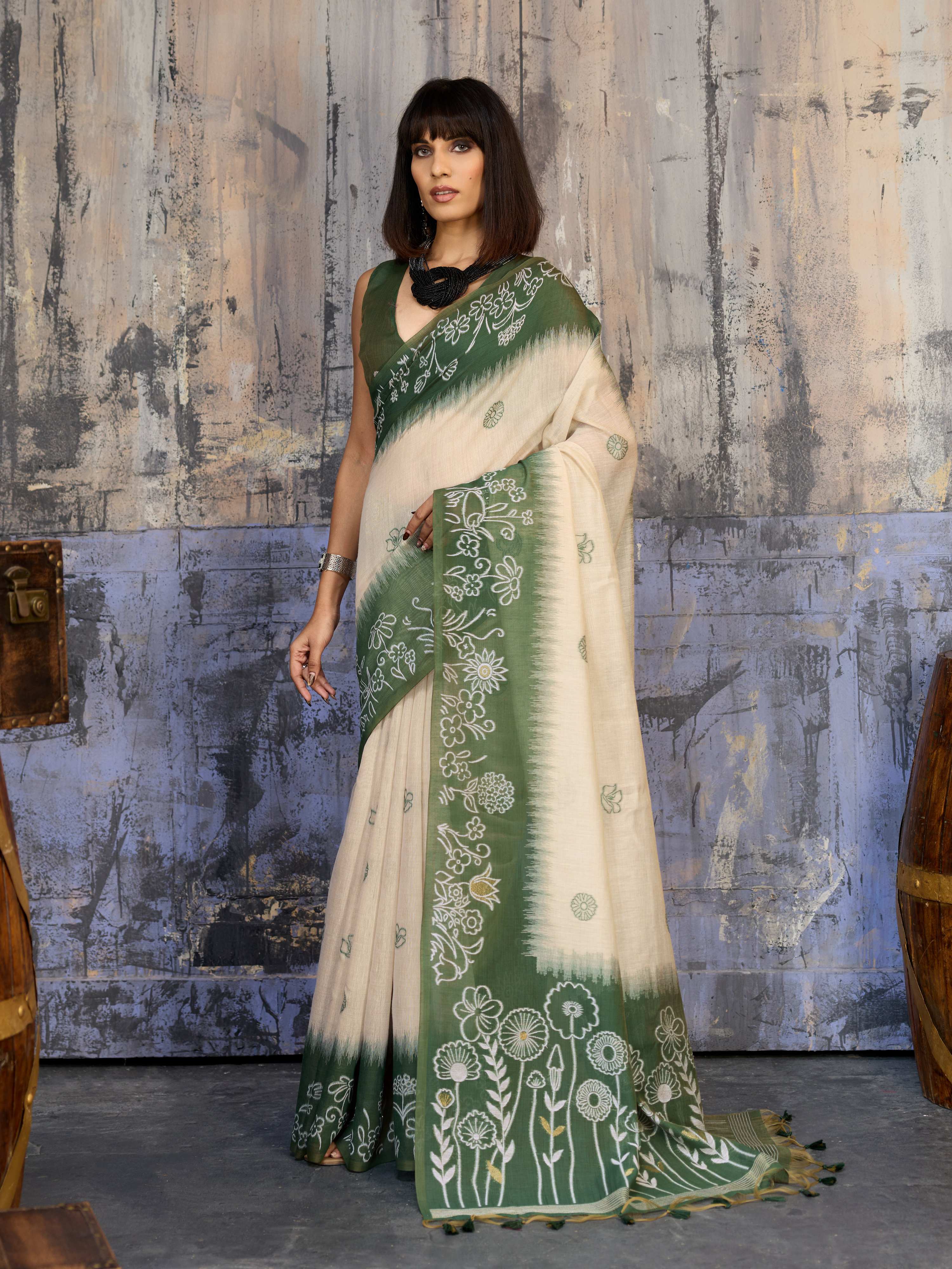 Aastha Fashion Green Munga Cotton Printed Saree | Grocsy