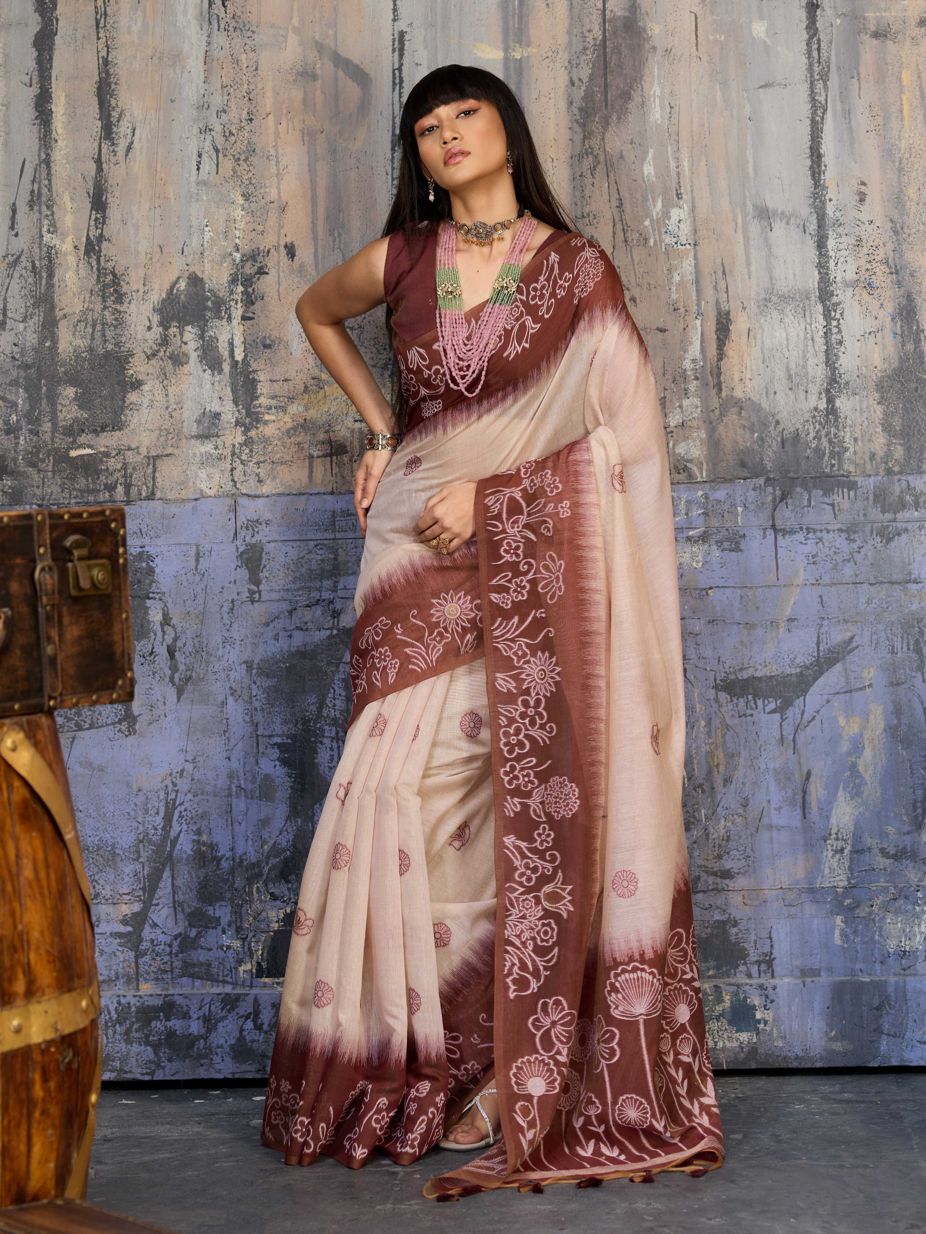 Aastha Fashion Brown Munga Cotton Printed Saree | Grocsy