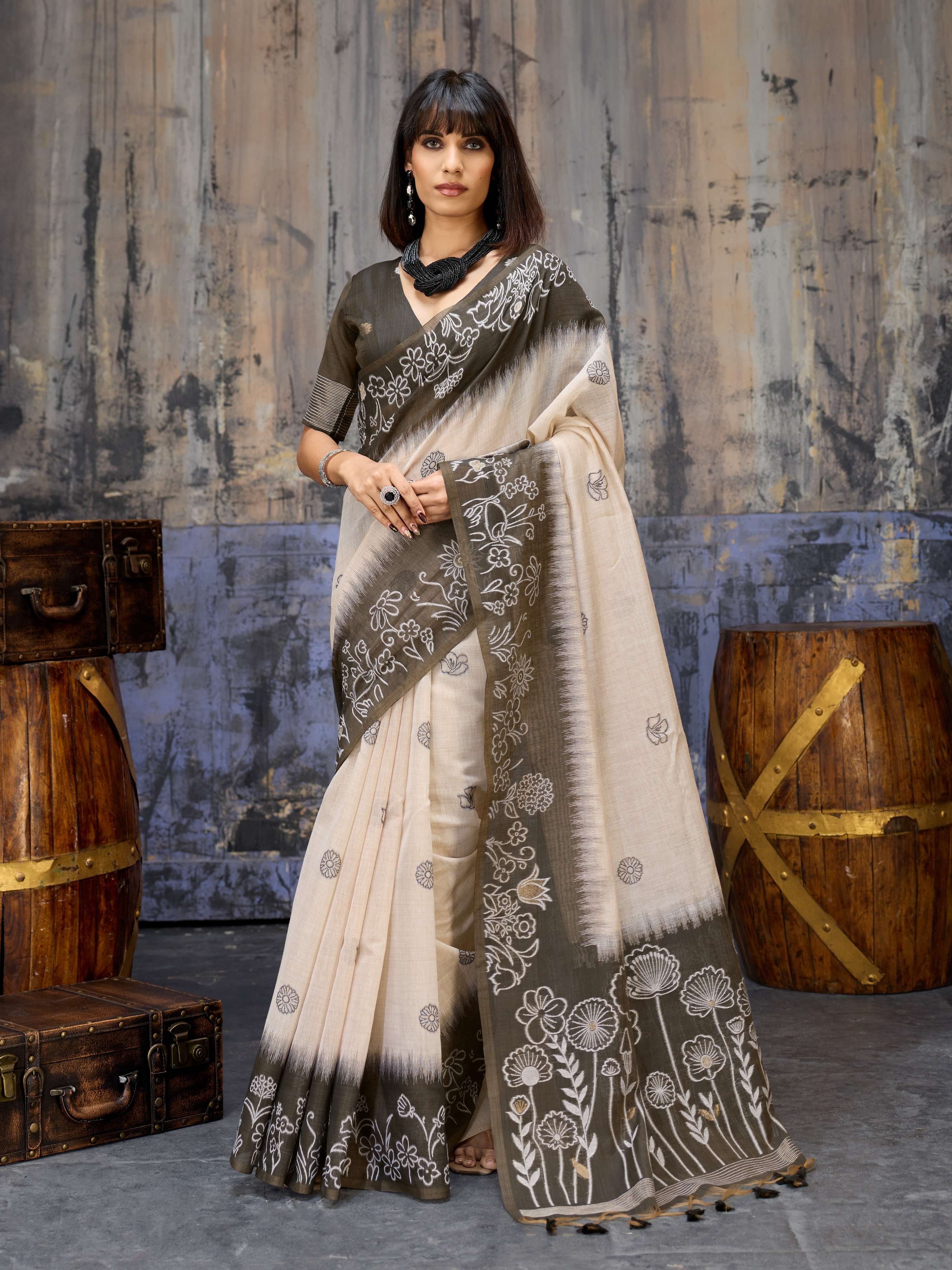 Aastha Fashion Grey Munga Cotton Printed Saree | Grocsy