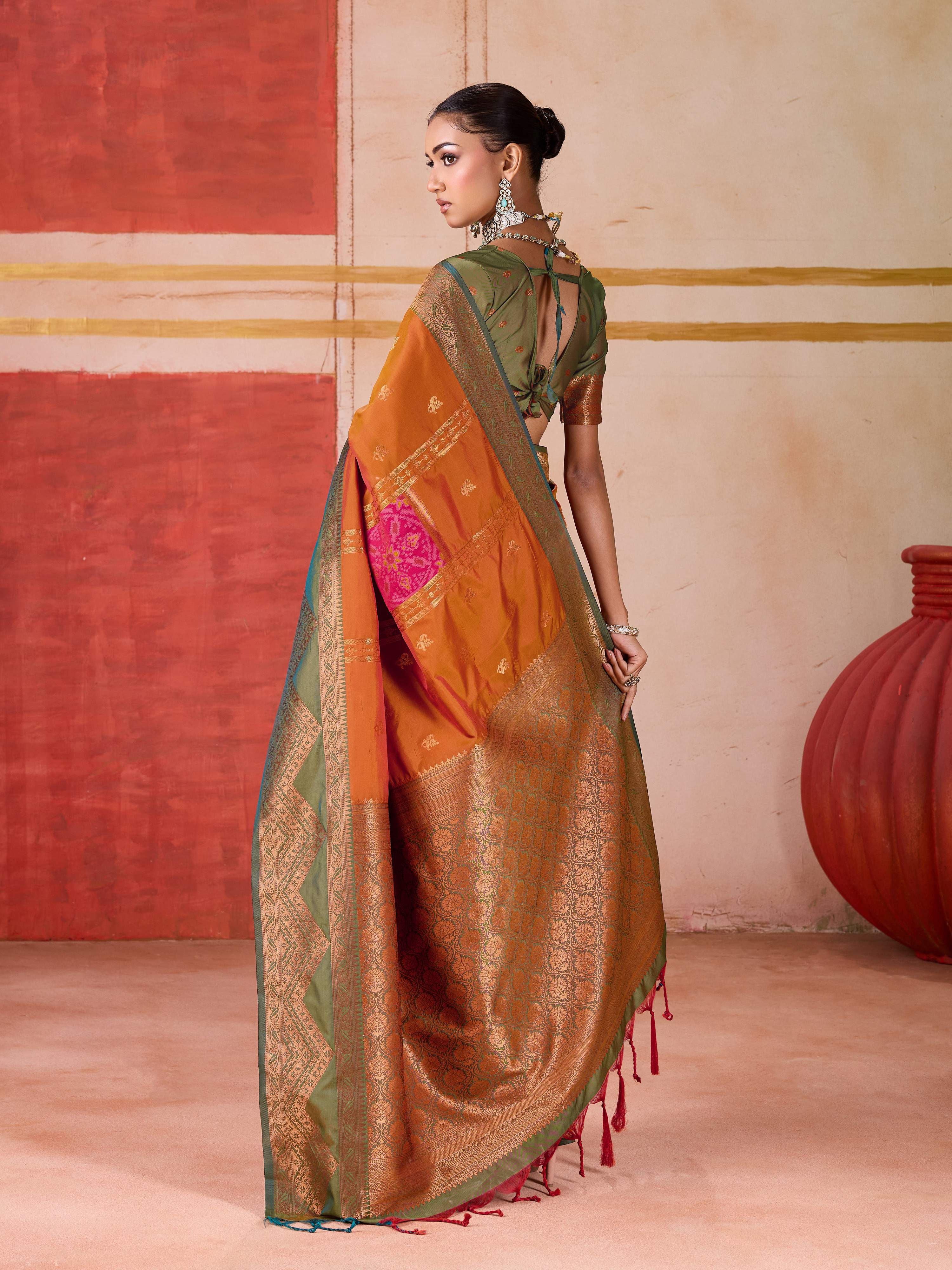 Aastha Fashion Orange Pure Silk Handloom Weaving Saree | Grocsy