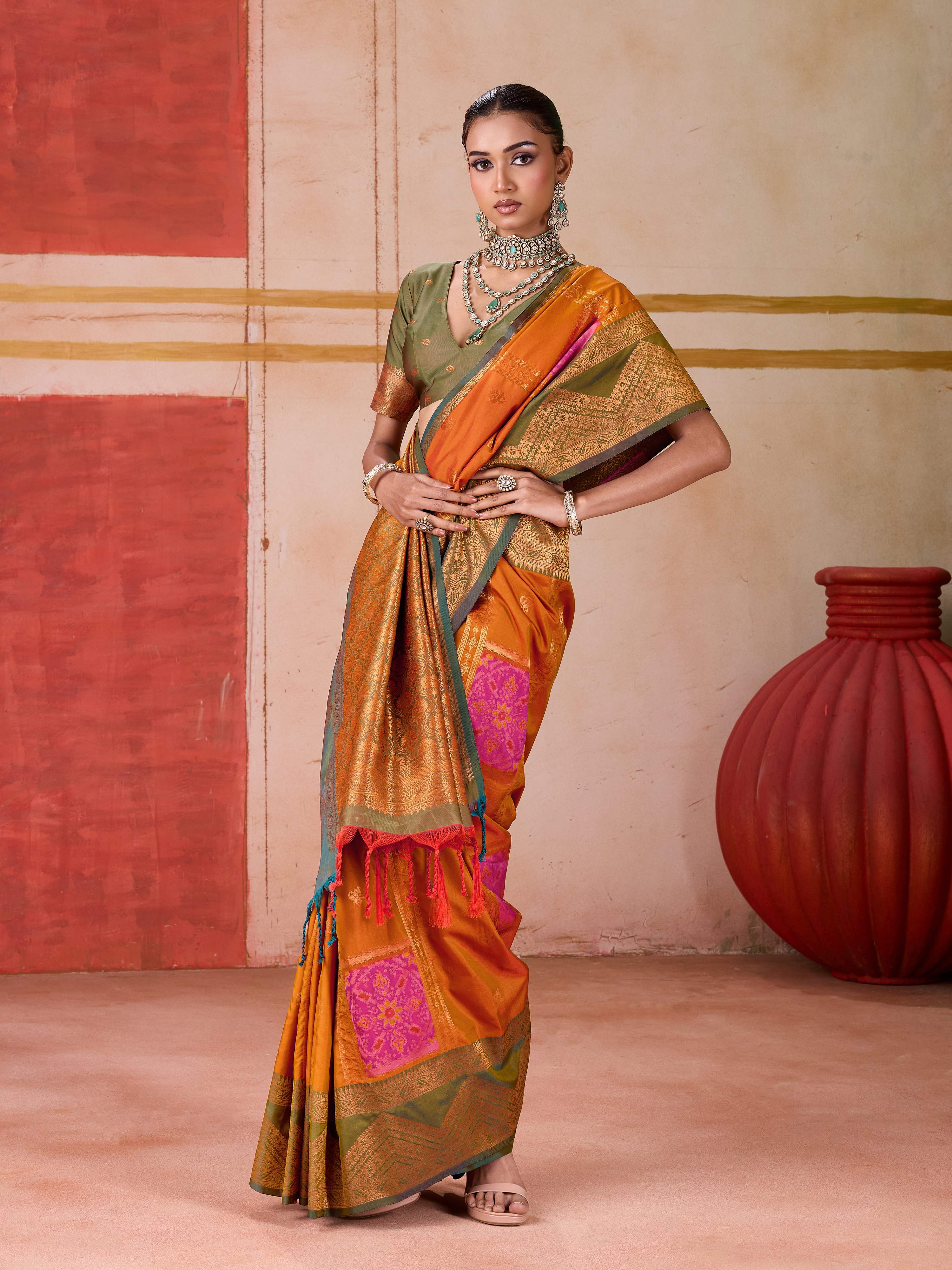 Aastha Fashion Orange Pure Silk Handloom Weaving Saree | Grocsy