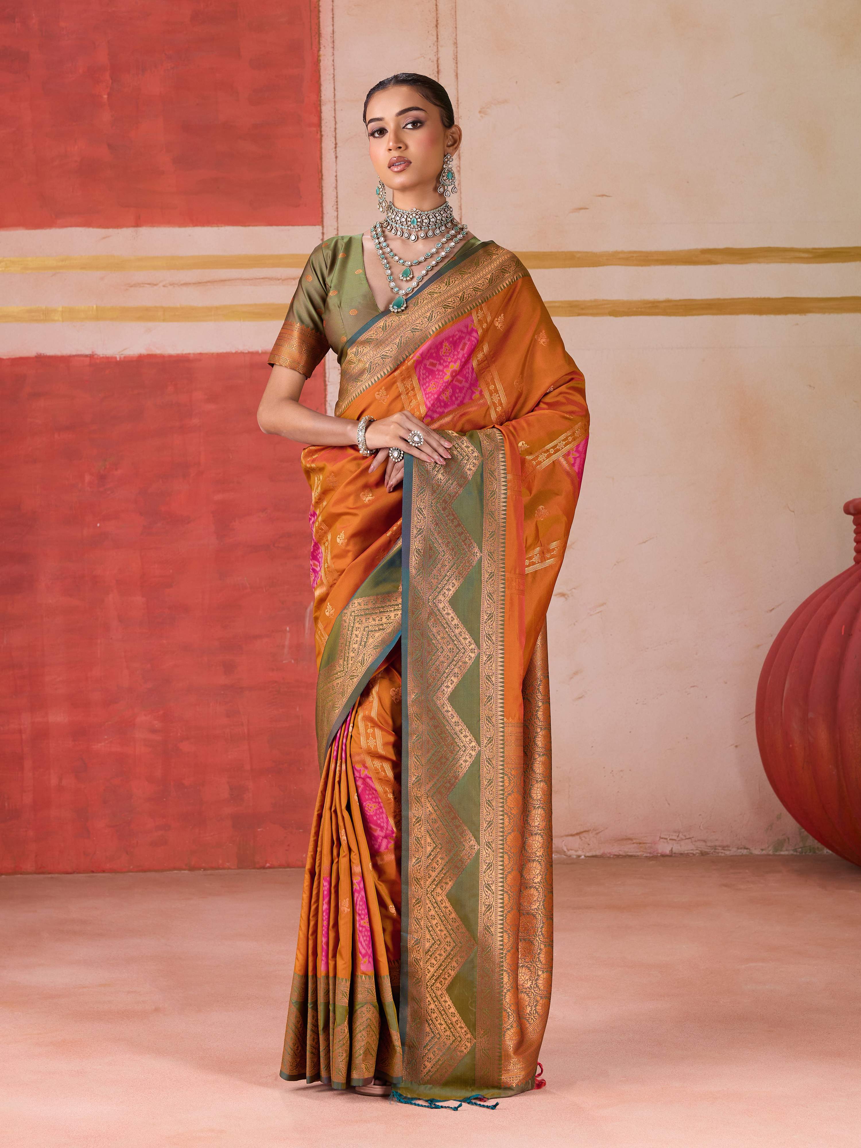 Aastha Fashion Orange Pure Silk Handloom Weaving Saree | Grocsy