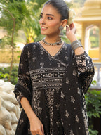 Hand Embroidered & Floral Jaal Printed Angarkha Style Anarkali Kurta With Pant & Coordinated Dupatta, Black - Hiral Fashion | Grocsy