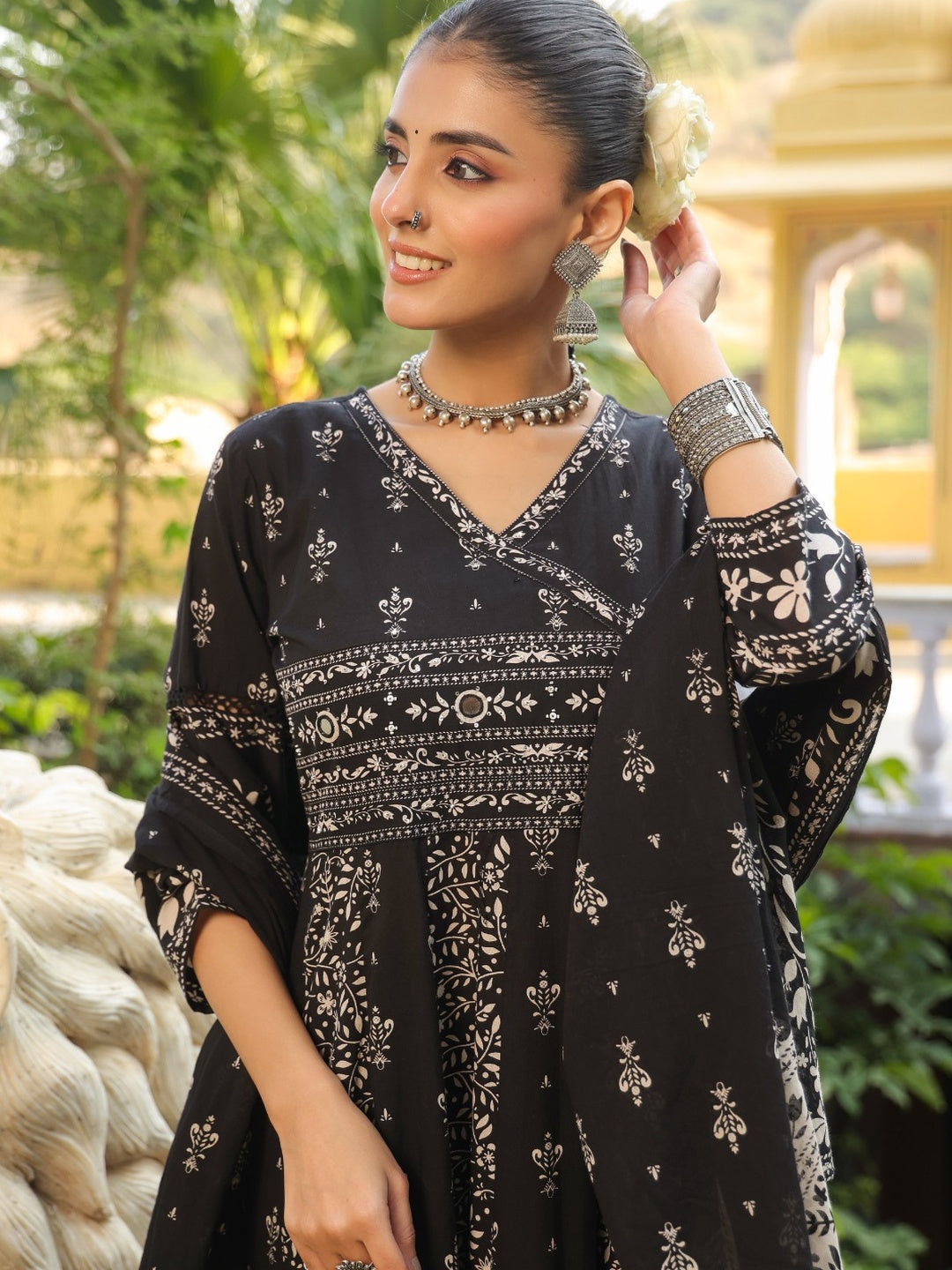 Hand Embroidered & Floral Jaal Printed Angarkha Style Anarkali Kurta With Pant & Coordinated Dupatta, Black - Hiral Fashion | Grocsy