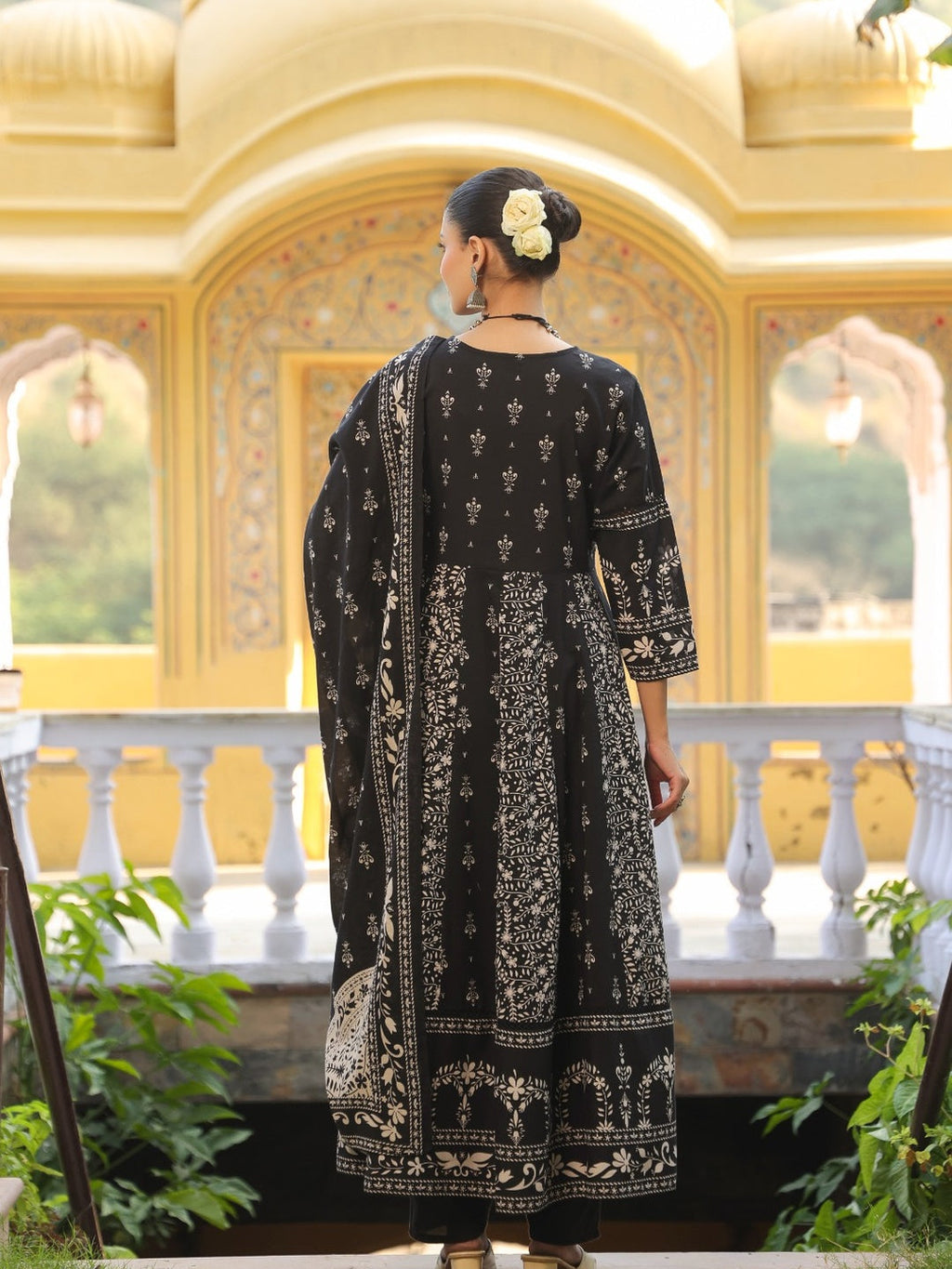 Hand Embroidered & Floral Jaal Printed Angarkha Style Anarkali Kurta With Pant & Coordinated Dupatta, Black - Hiral Fashion | Grocsy