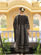 Hand Embroidered & Floral Jaal Printed Angarkha Style Anarkali Kurta With Pant & Coordinated Dupatta, Black - Hiral Fashion | Grocsy