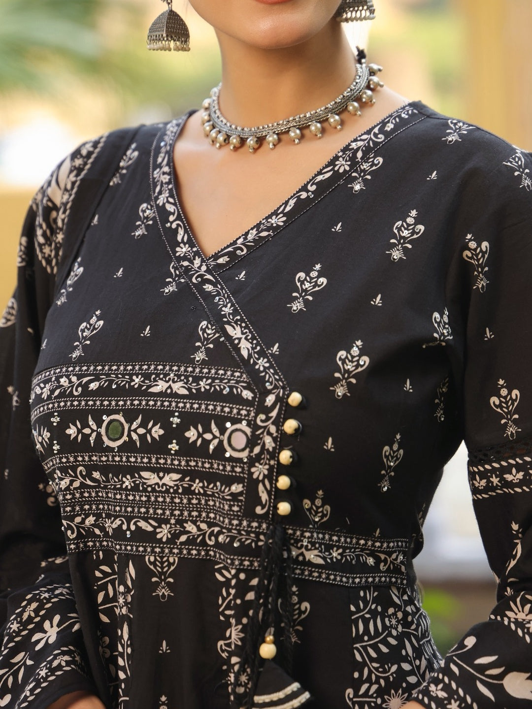 Hand Embroidered & Floral Jaal Printed Angarkha Style Anarkali Kurta With Pant & Coordinated Dupatta, Black - Hiral Fashion | Grocsy