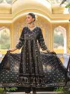 Hand Embroidered & Floral Jaal Printed Angarkha Style Anarkali Kurta With Pant & Coordinated Dupatta, Black - Hiral Fashion | Grocsy