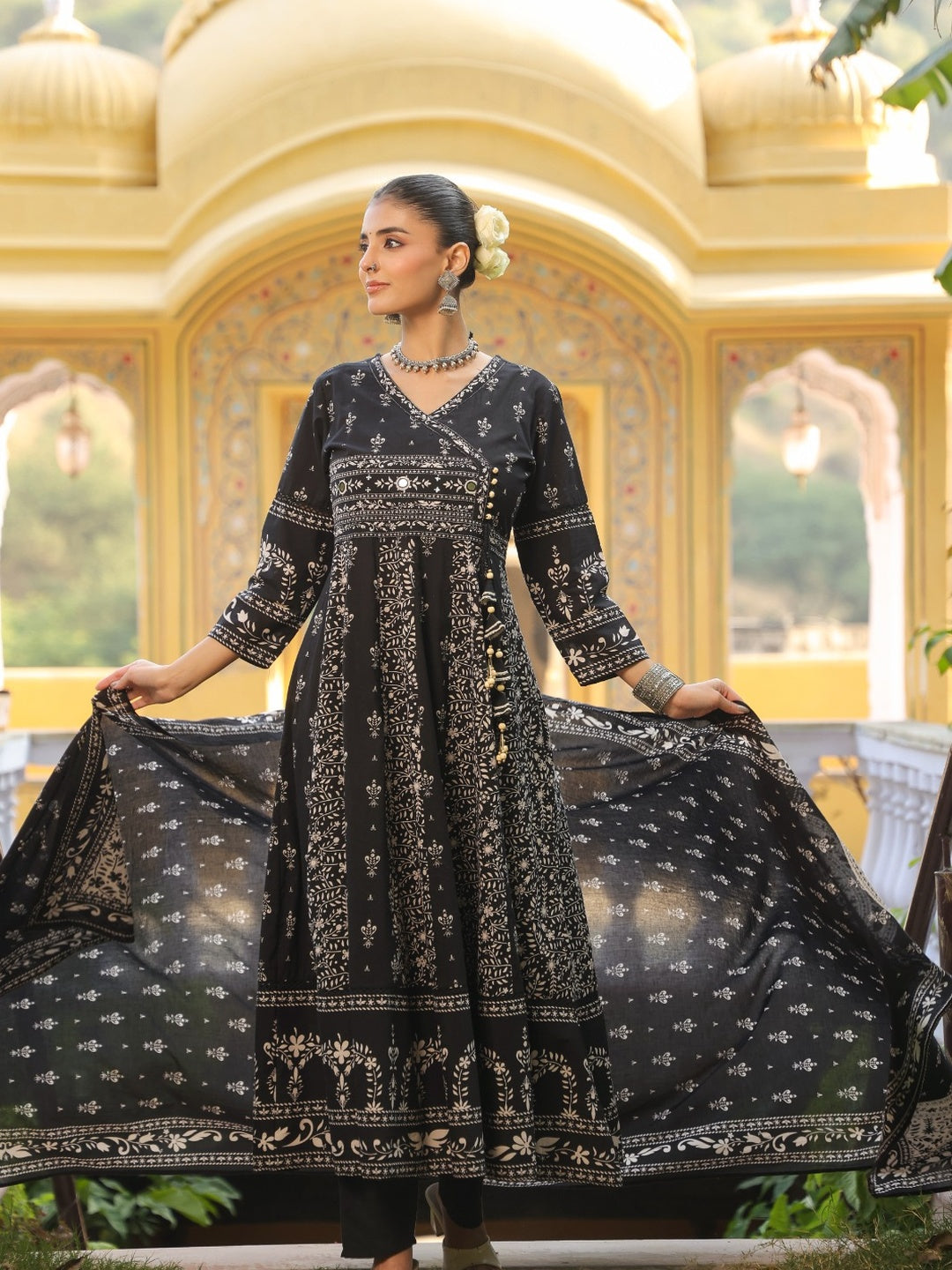 Hand Embroidered & Floral Jaal Printed Angarkha Style Anarkali Kurta With Pant & Coordinated Dupatta, Black - Hiral Fashion | Grocsy