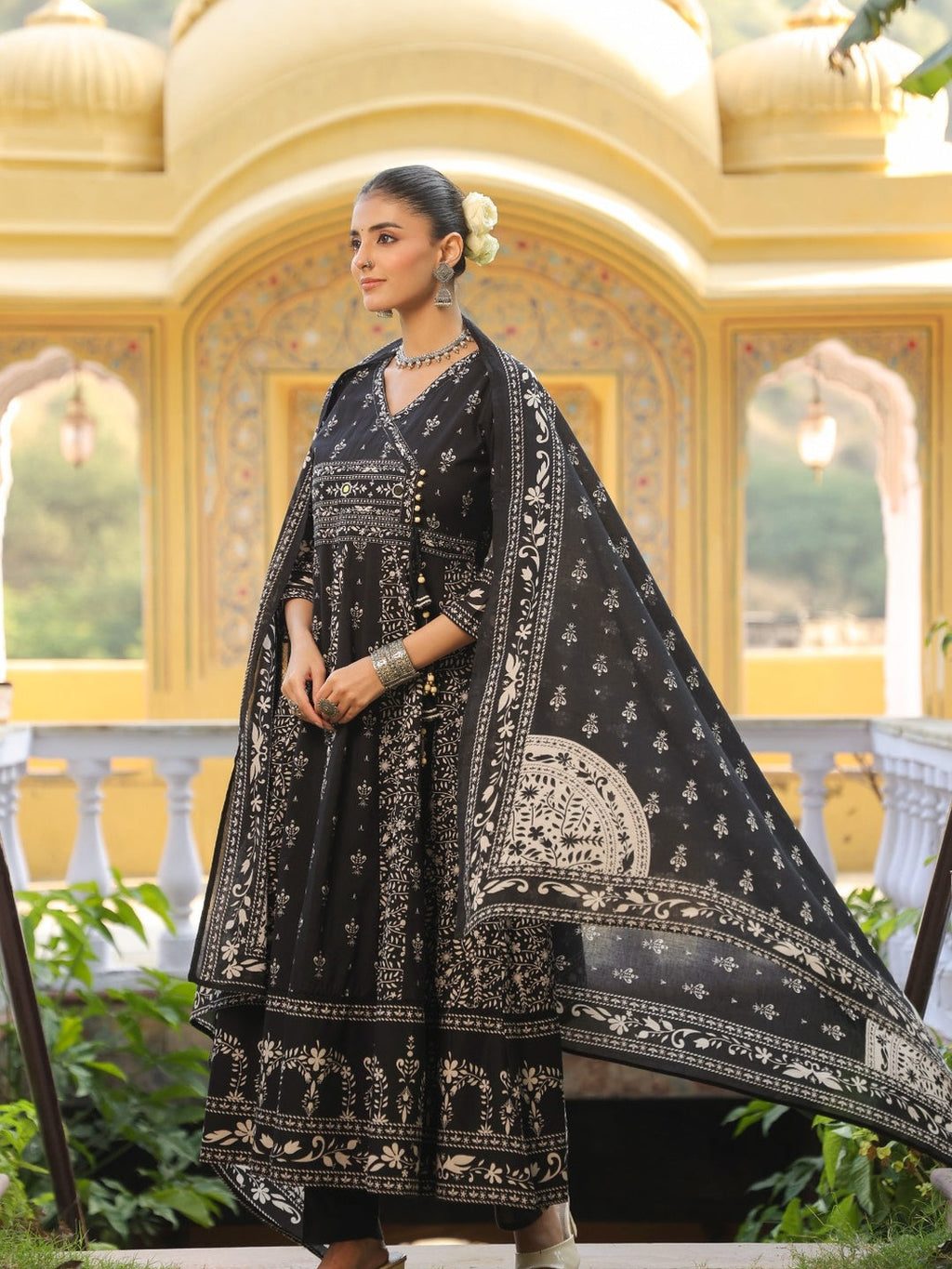 Hand Embroidered & Floral Jaal Printed Angarkha Style Anarkali Kurta With Pant & Coordinated Dupatta, Black - Hiral Fashion | Grocsy