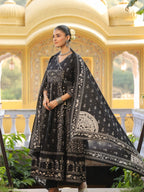 Hand Embroidered & Floral Jaal Printed Angarkha Style Anarkali Kurta With Pant & Coordinated Dupatta, Black - Hiral Fashion | Grocsy