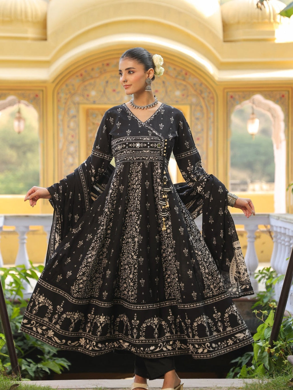 Hand Embroidered & Floral Jaal Printed Angarkha Style Anarkali Kurta With Pant & Coordinated Dupatta, Black - Hiral Fashion | Grocsy
