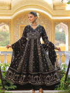 Hand Embroidered & Floral Jaal Printed Angarkha Style Anarkali Kurta With Pant & Coordinated Dupatta, Black - Hiral Fashion | Grocsy