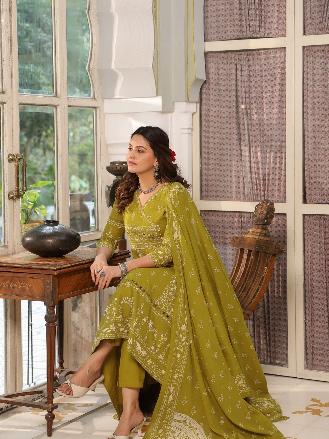 Hand Embroidered & Floral Jaal Printed Angarkha Style Anarkali Kurta With Pant & Coordinated Dupatta, Olive - Hiral Fashion | Grocsy