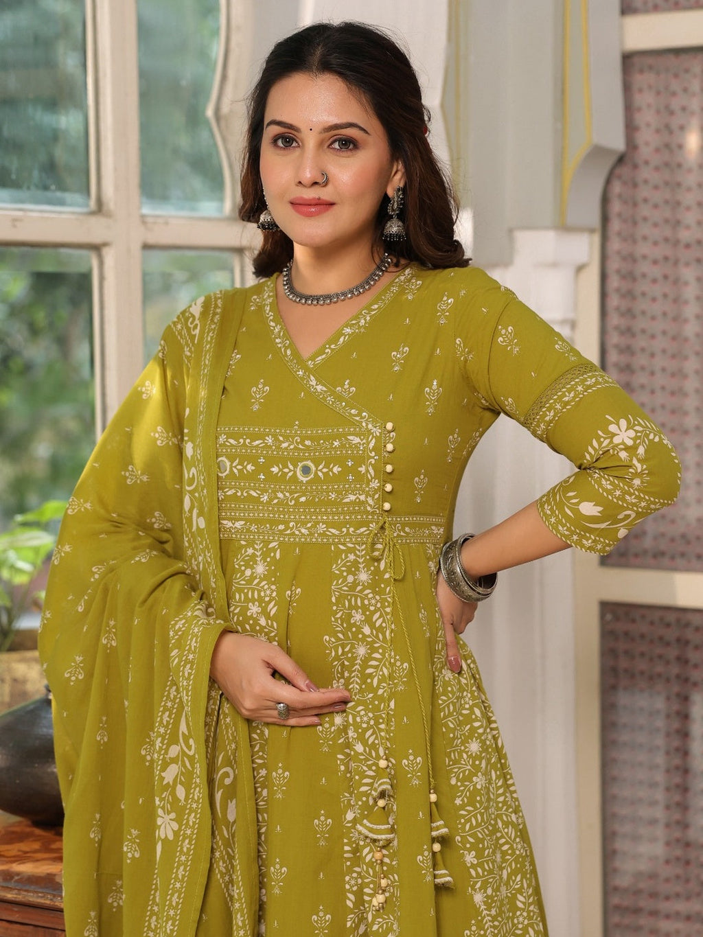 Hand Embroidered & Floral Jaal Printed Angarkha Style Anarkali Kurta With Pant & Coordinated Dupatta, Olive - Hiral Fashion | Grocsy