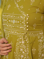 Hand Embroidered & Floral Jaal Printed Angarkha Style Anarkali Kurta With Pant & Coordinated Dupatta, Olive - Hiral Fashion | Grocsy
