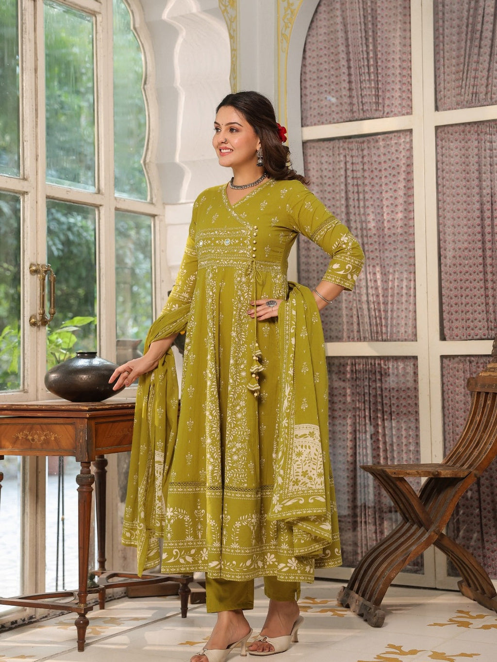 Hand Embroidered & Floral Jaal Printed Angarkha Style Anarkali Kurta With Pant & Coordinated Dupatta, Olive - Hiral Fashion | Grocsy