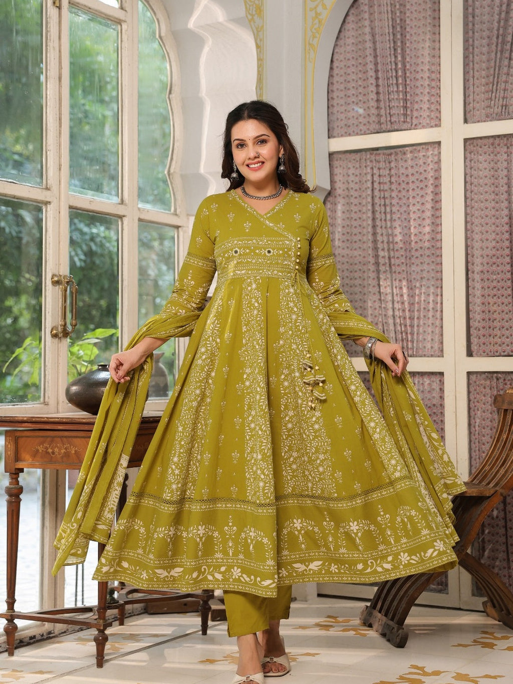 Hand Embroidered & Floral Jaal Printed Angarkha Style Anarkali Kurta With Pant & Coordinated Dupatta, Olive - Hiral Fashion | Grocsy