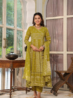 Hand Embroidered & Floral Jaal Printed Angarkha Style Anarkali Kurta With Pant & Coordinated Dupatta, Olive - Hiral Fashion | Grocsy