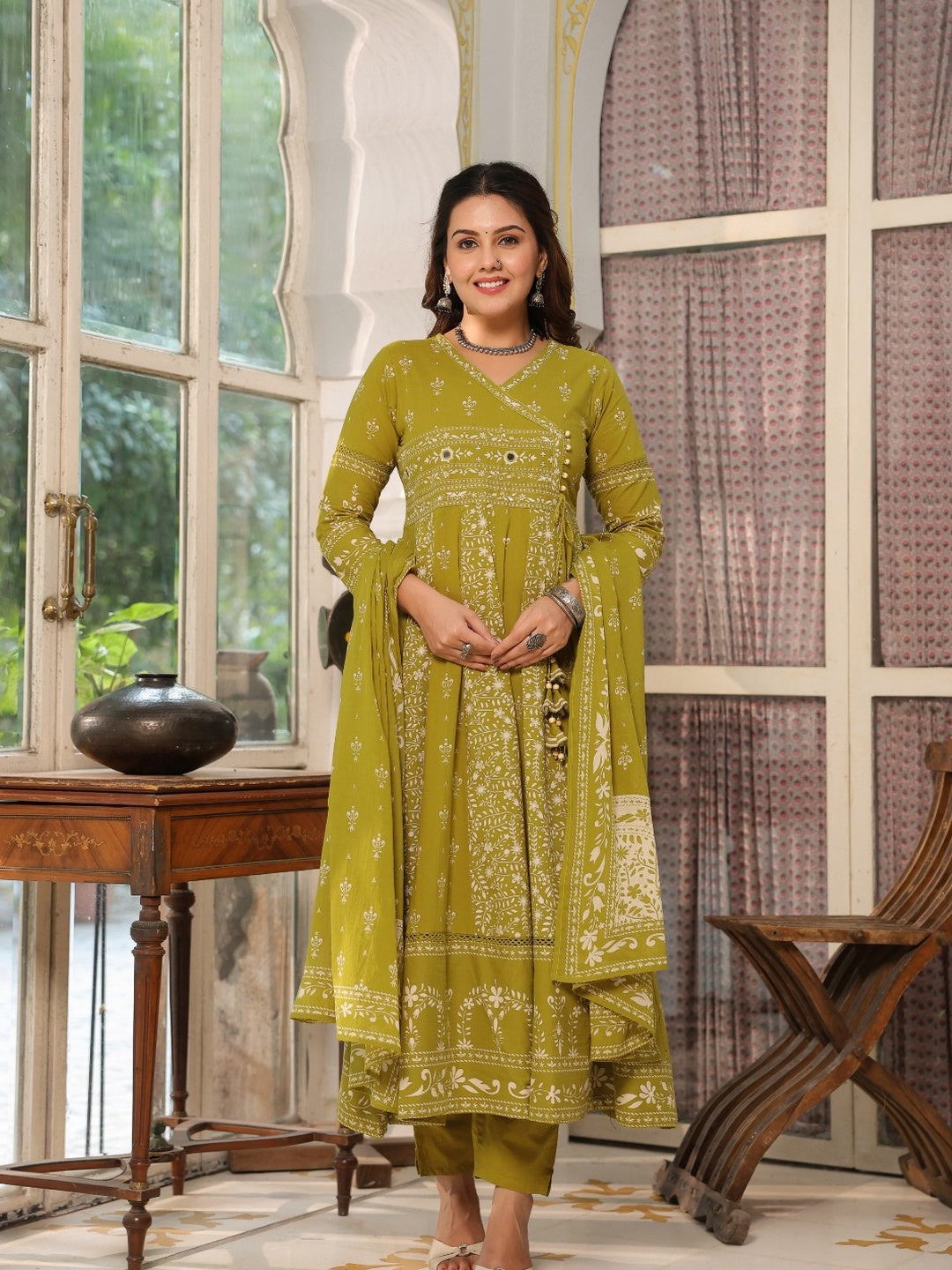 Hand Embroidered & Floral Jaal Printed Angarkha Style Anarkali Kurta With Pant & Coordinated Dupatta, Olive - Hiral Fashion | Grocsy
