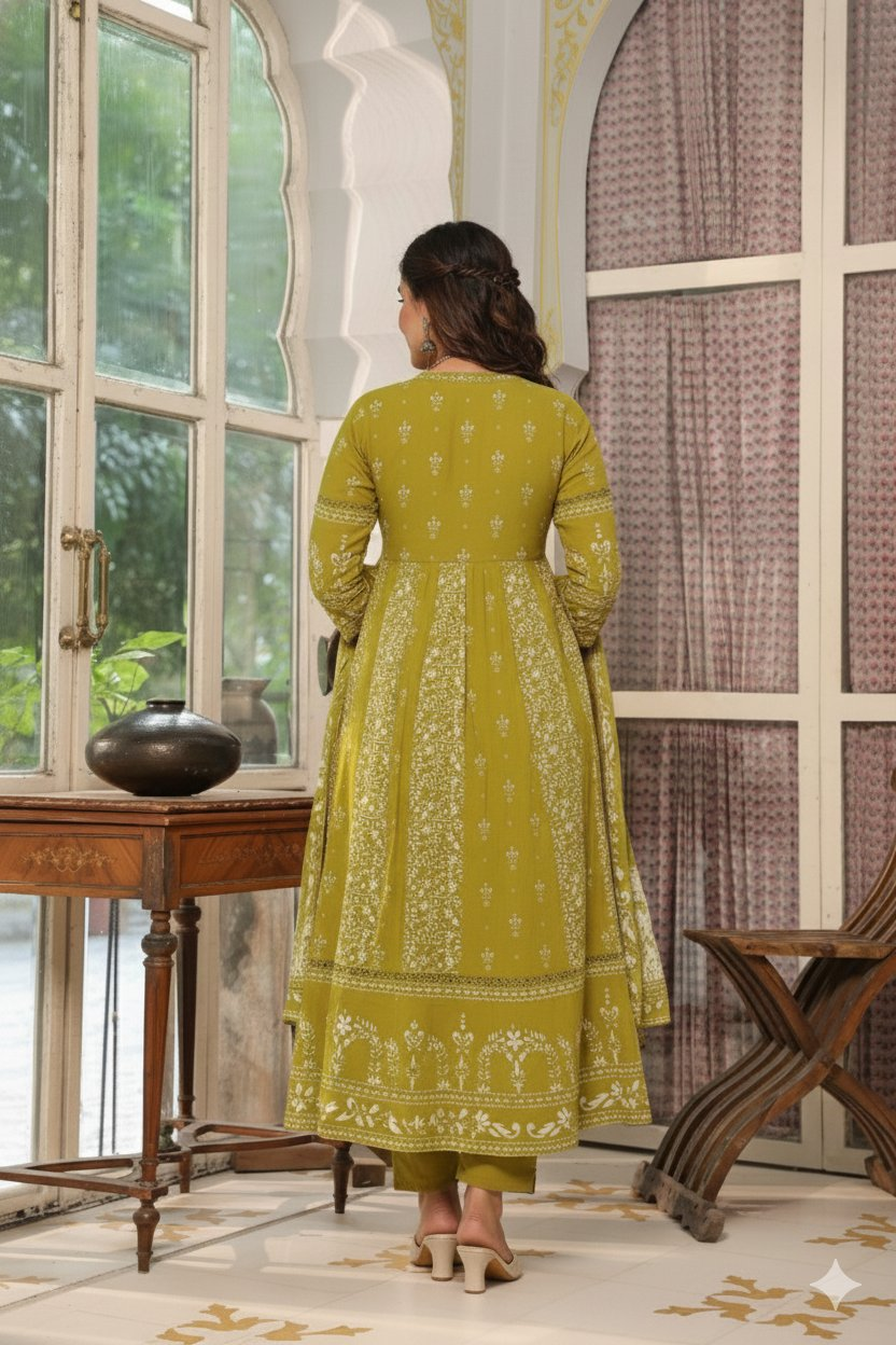 Hand Embroidered & Floral Jaal Printed Angarkha Style Anarkali Kurta With Pant & Coordinated Dupatta, Olive - Hiral Fashion | Grocsy