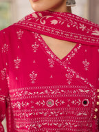 Hand Embroidered & Floral Jaal Printed Angarkha Style Anarkali Kurta With Pant & Coordinated Dupatta, Rani - Hiral Fashion | Grocsy
