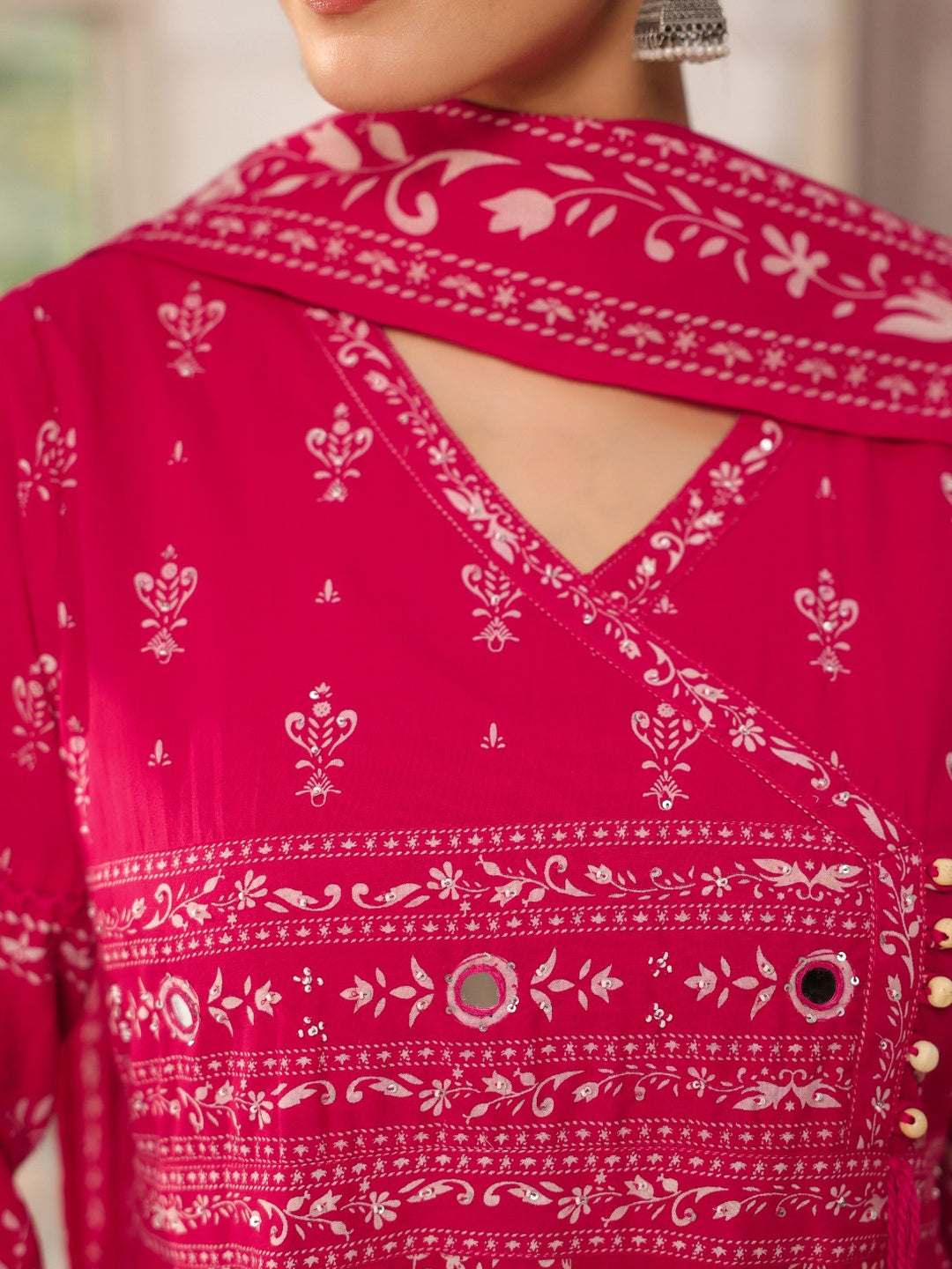 Hand Embroidered & Floral Jaal Printed Angarkha Style Anarkali Kurta With Pant & Coordinated Dupatta, Rani - Hiral Fashion | Grocsy