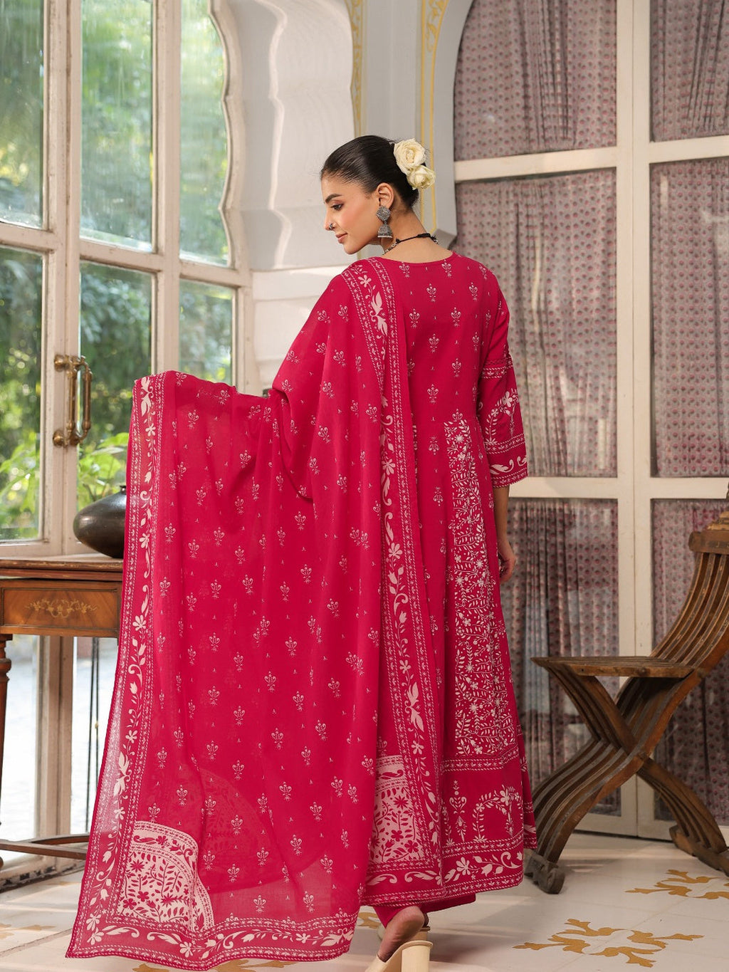 Hand Embroidered & Floral Jaal Printed Angarkha Style Anarkali Kurta With Pant & Coordinated Dupatta, Rani - Hiral Fashion | Grocsy