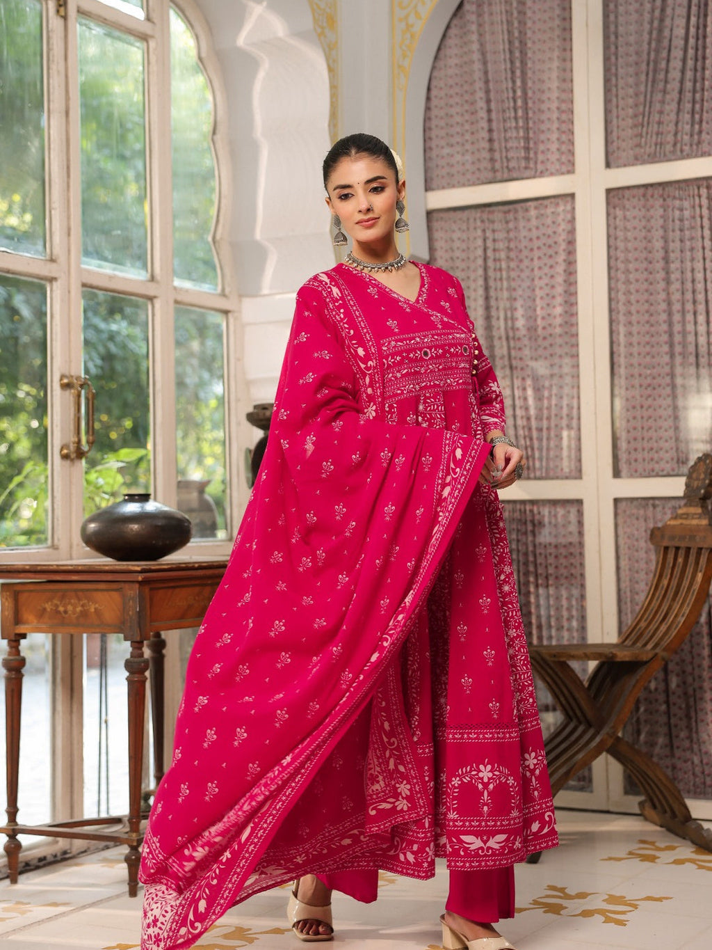 Hand Embroidered & Floral Jaal Printed Angarkha Style Anarkali Kurta With Pant & Coordinated Dupatta, Rani - Hiral Fashion | Grocsy