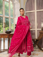 Hand Embroidered & Floral Jaal Printed Angarkha Style Anarkali Kurta With Pant & Coordinated Dupatta, Rani - Hiral Fashion | Grocsy