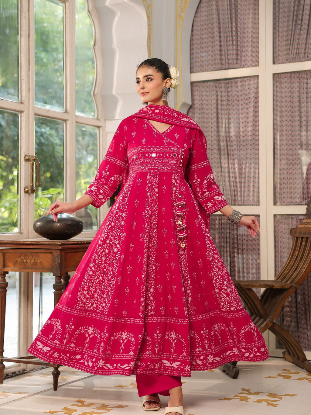 Hand Embroidered & Floral Jaal Printed Angarkha Style Anarkali Kurta With Pant & Coordinated Dupatta, Rani - Hiral Fashion | Grocsy