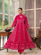 Hand Embroidered & Floral Jaal Printed Angarkha Style Anarkali Kurta With Pant & Coordinated Dupatta, Rani - Hiral Fashion | Grocsy