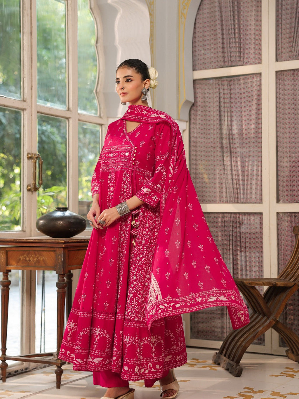 Hand Embroidered & Floral Jaal Printed Angarkha Style Anarkali Kurta With Pant & Coordinated Dupatta, Rani - Hiral Fashion | Grocsy