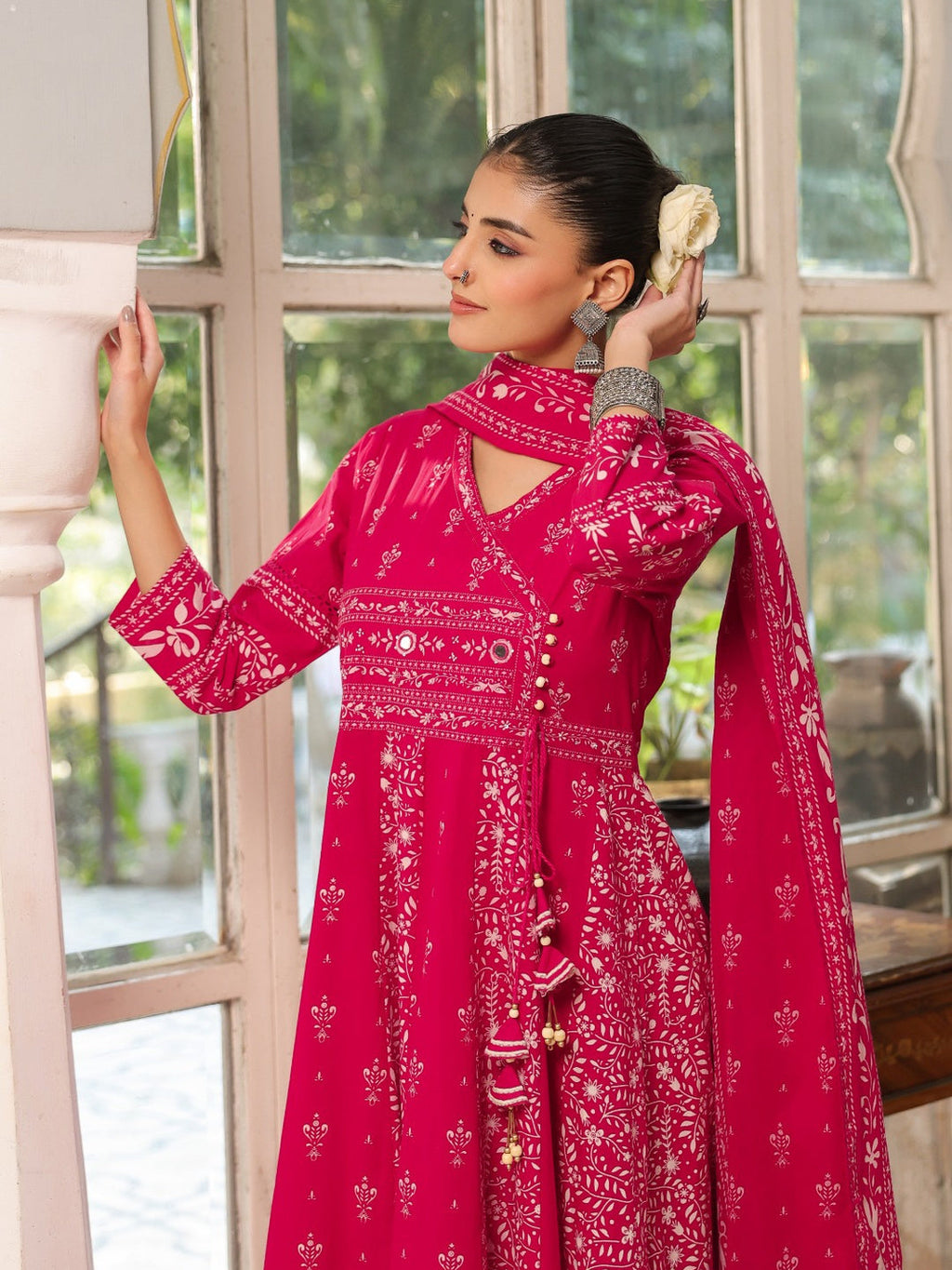 Hand Embroidered & Floral Jaal Printed Angarkha Style Anarkali Kurta With Pant & Coordinated Dupatta, Rani - Hiral Fashion | Grocsy