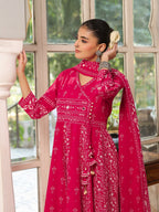 Hand Embroidered & Floral Jaal Printed Angarkha Style Anarkali Kurta With Pant & Coordinated Dupatta, Rani - Hiral Fashion | Grocsy